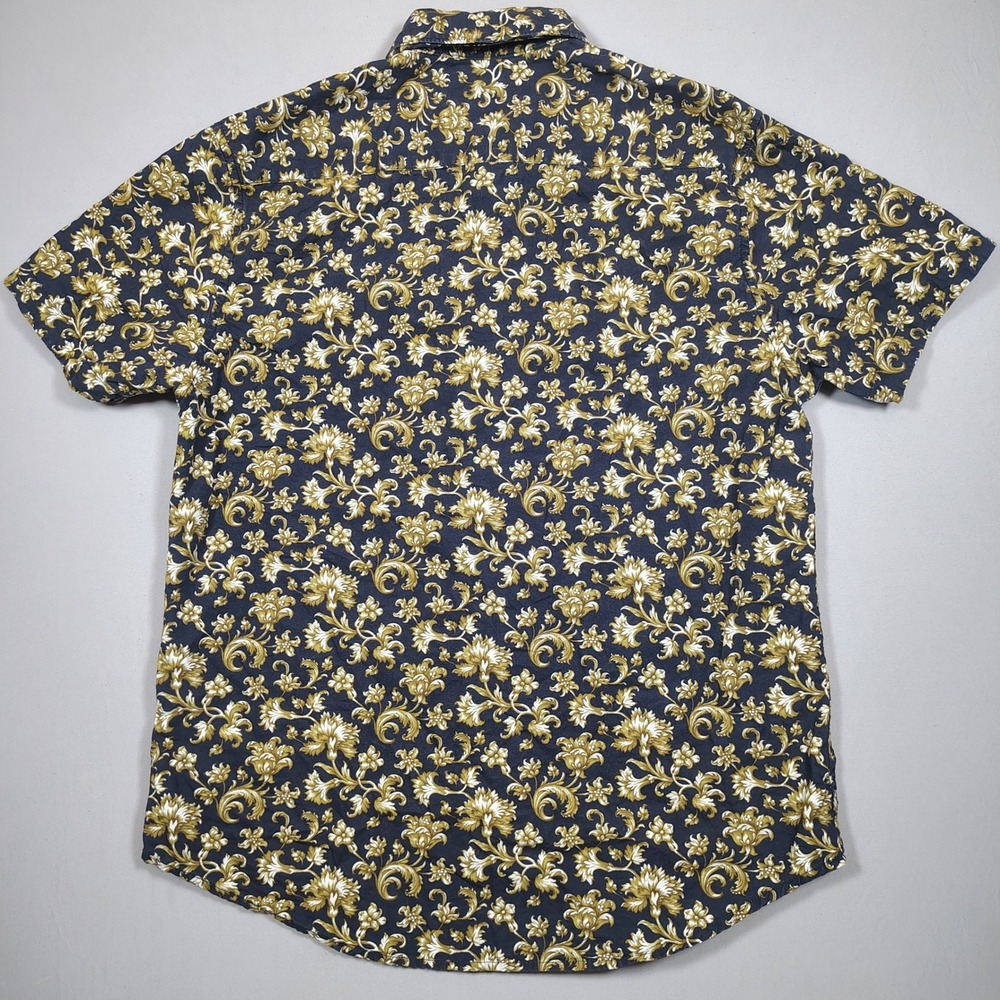 Denim & Flower Button Up Mens M Navy Gold Floral Baroque Slim Fit Cotton Shirt - Picture 2 of 7